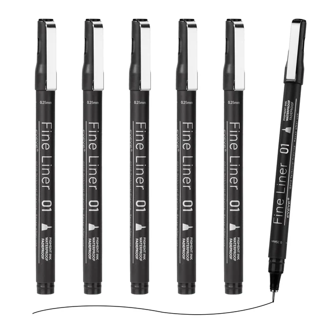 Micro fineliner drawing pens, 6 black ink pens, view 1